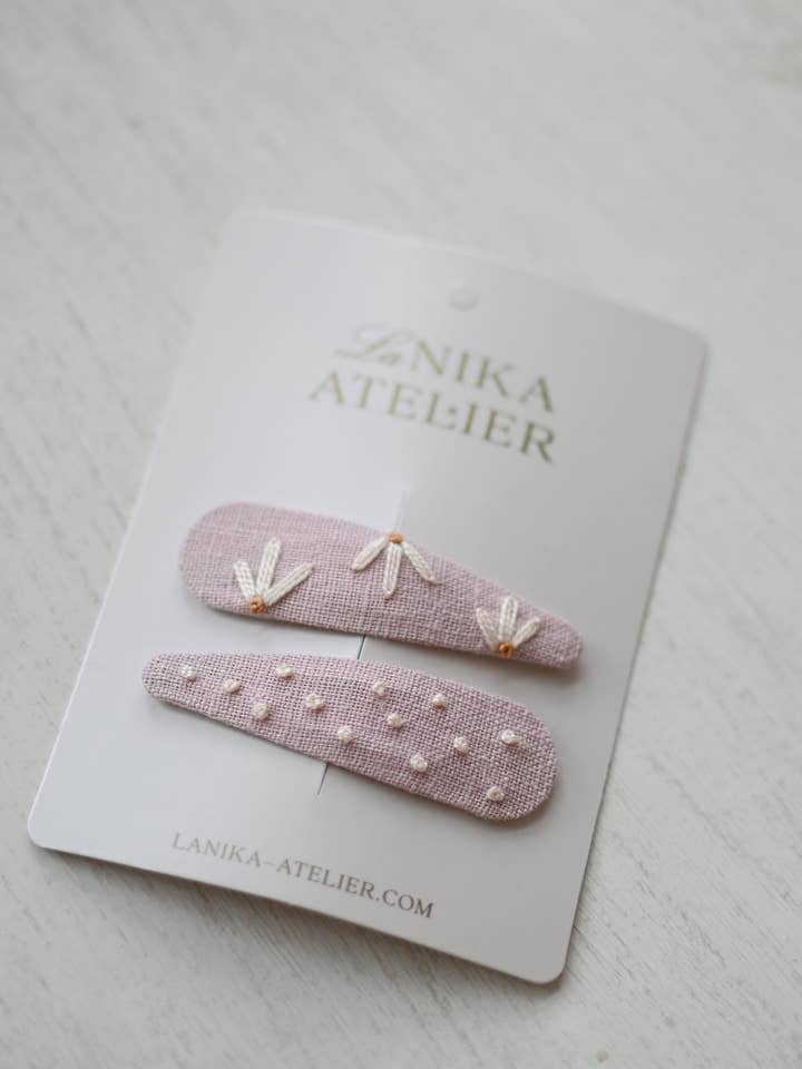 Hand embroidered hair clips: baby pink bloom + dots for wholesale by Lanika Atelier, Nika Korošec s.p.