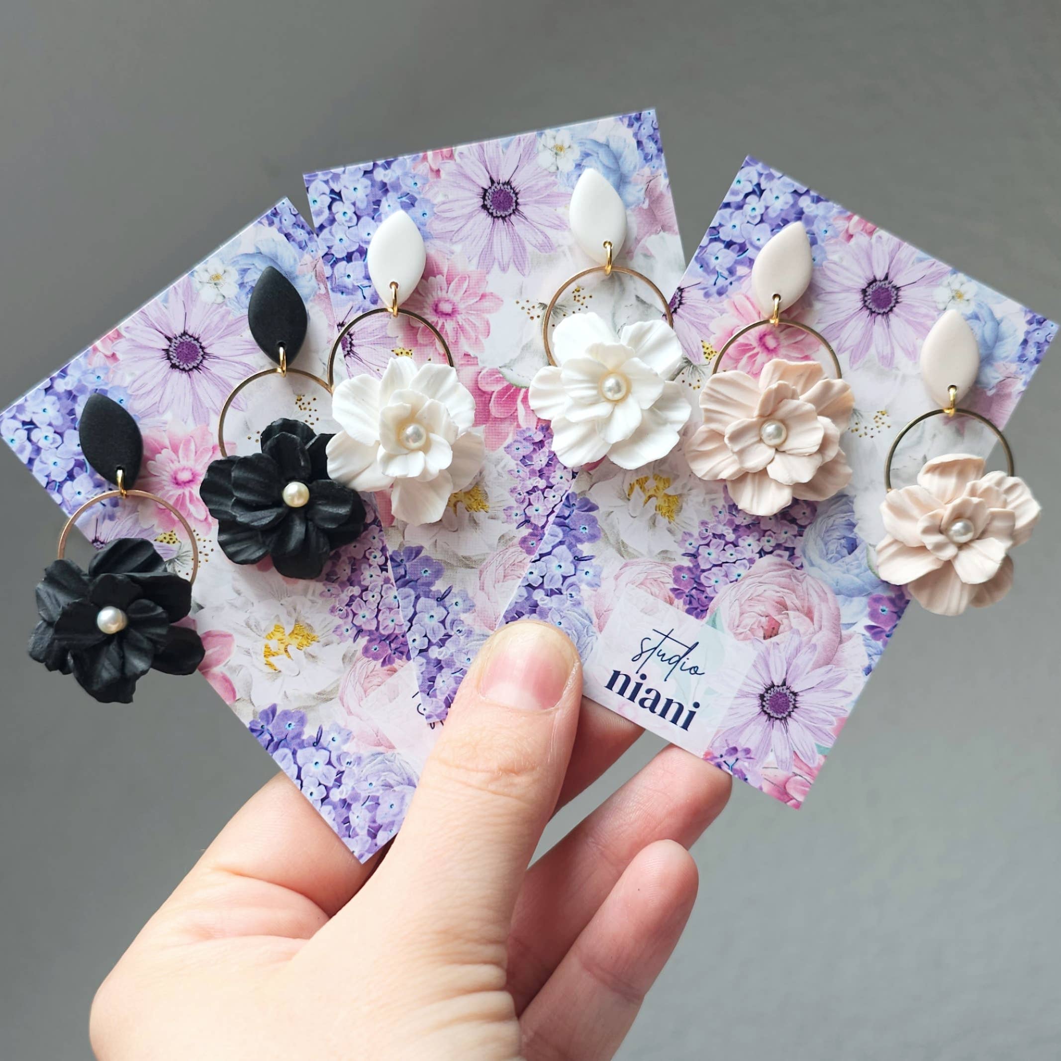 Studio Niani - Wholesale Dangle Earrings - Flower Earrings, Polymer Clay Earrings, Neutral, Beige6