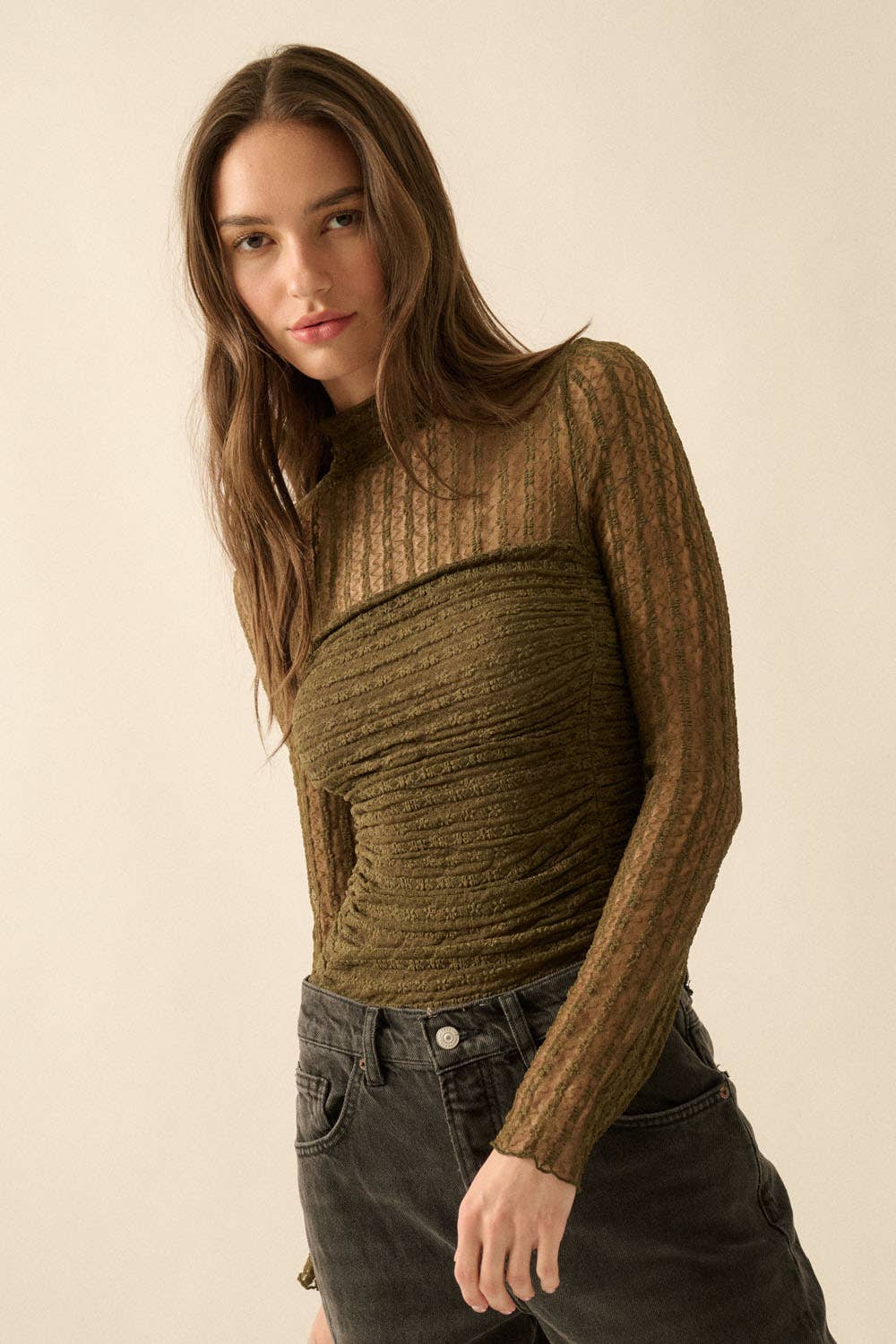 Promesa USA - Wholesale Bodysuit - Women's - Striped Floral Lace Ruched Mock-Neck Bodysuit32