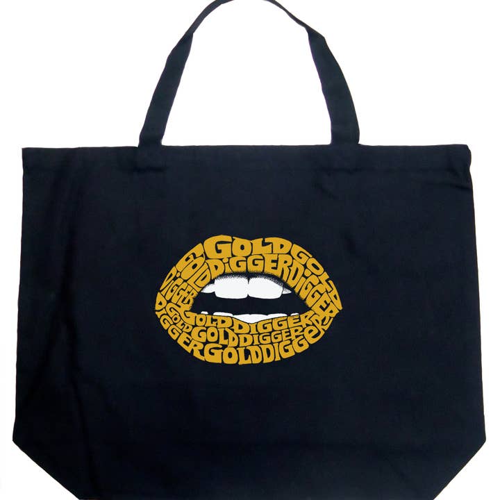 LA Pop Art Word Art Tote Bag - Gold Digger Lips for wholesale by LA Pop Art