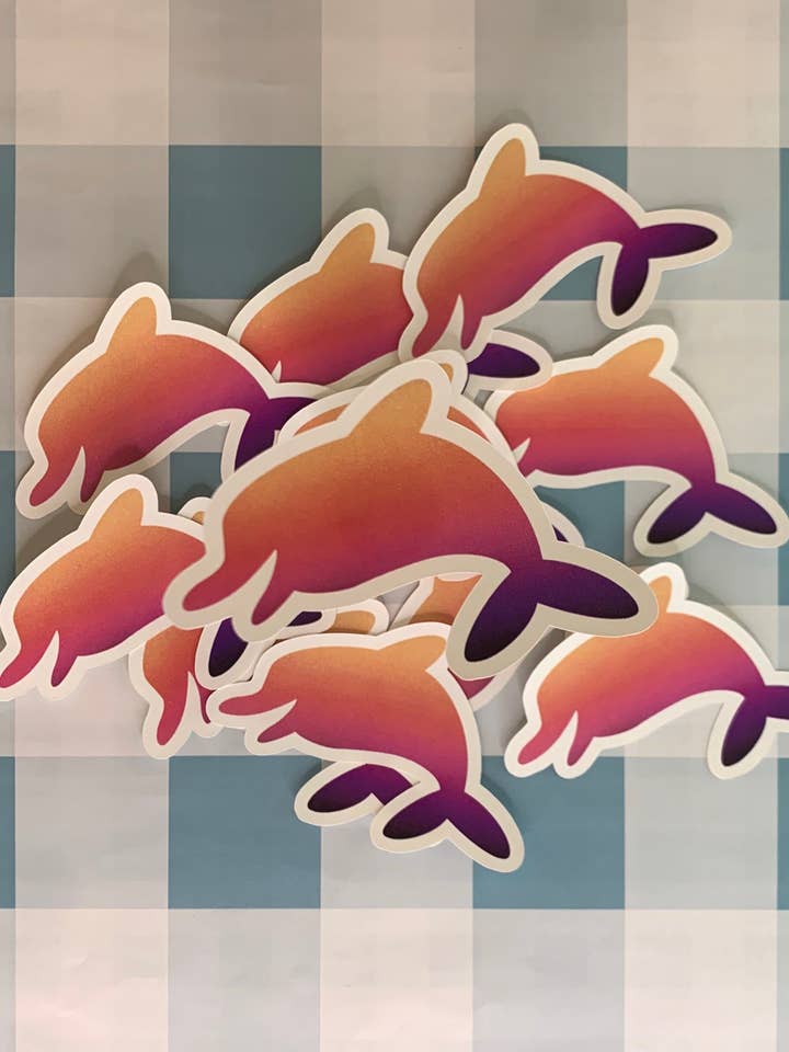 Rainbow Dolphin klistermærke for engroshandel hos The Sticky Supplies