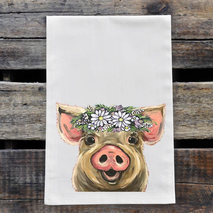 Pig Flour Sack Towel, Farmhouse Decor, Pig Tea Towel for wholesale by Hippie Hound Studios