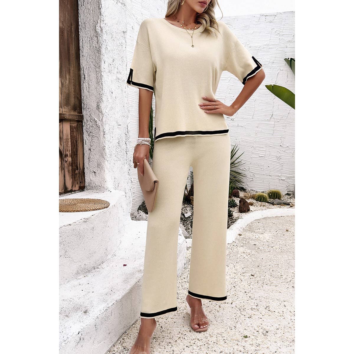 Supreme Fashion - Wholesale Top & Pant Set (NOT Loungewear) - Women's - Two Pieces Outfits Knit Short Sleeve Wide Leg Lounge Sets2