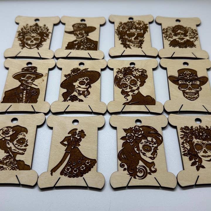 Velvet Guillotine - Wholesale Embroidery/cross-stitch supplies - Sugar Skull Wooden Bobbins: Laser Engraved Floss Organizer4
