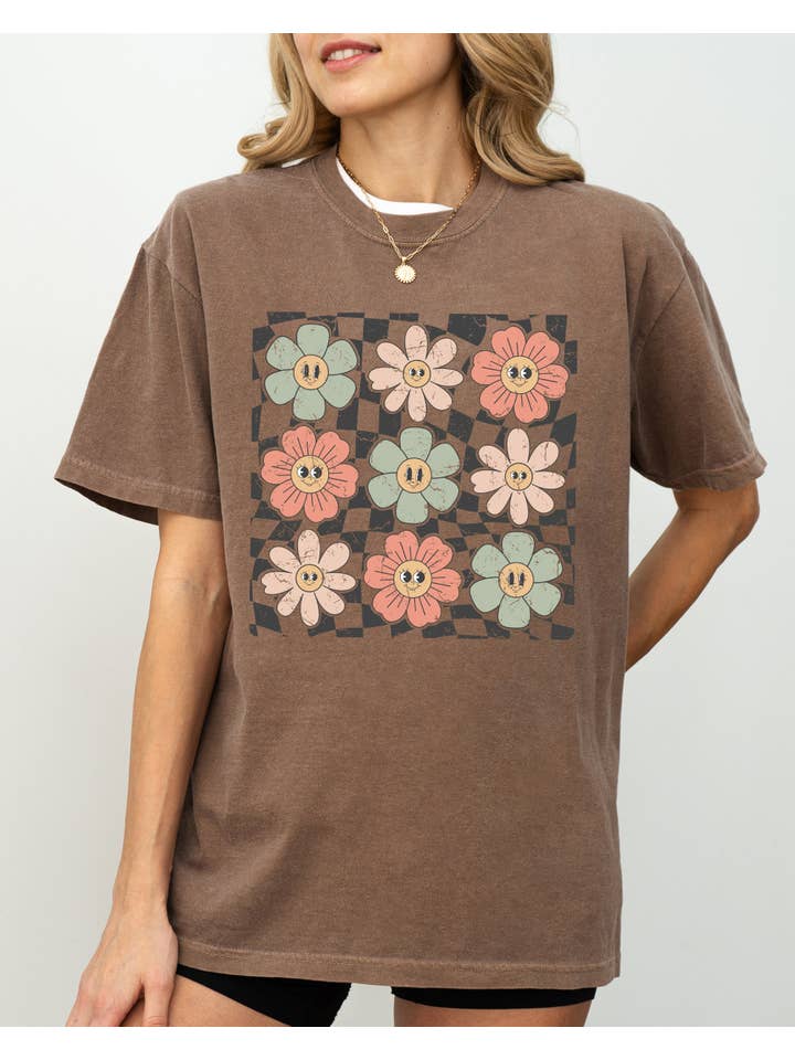 Refinery Number One LLC – wholesale T-shirt (graphic) – women's – Retro Flowers, Checkered, Daisies, Hippie, Positivity Shirt
