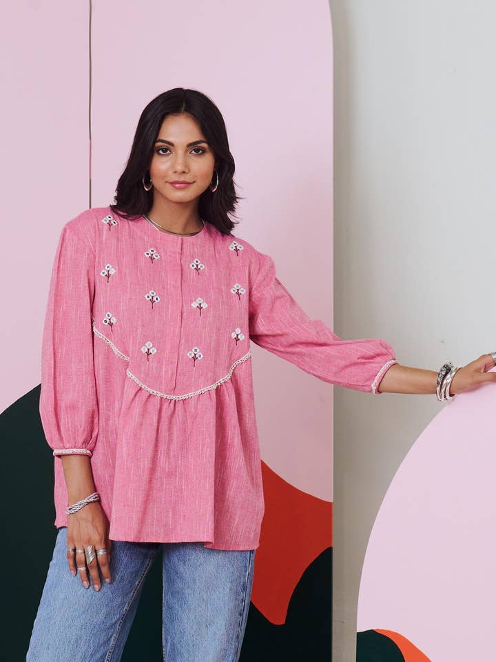 Pakhi Pink Mirror Embroidered Top for wholesale by House of Amaya