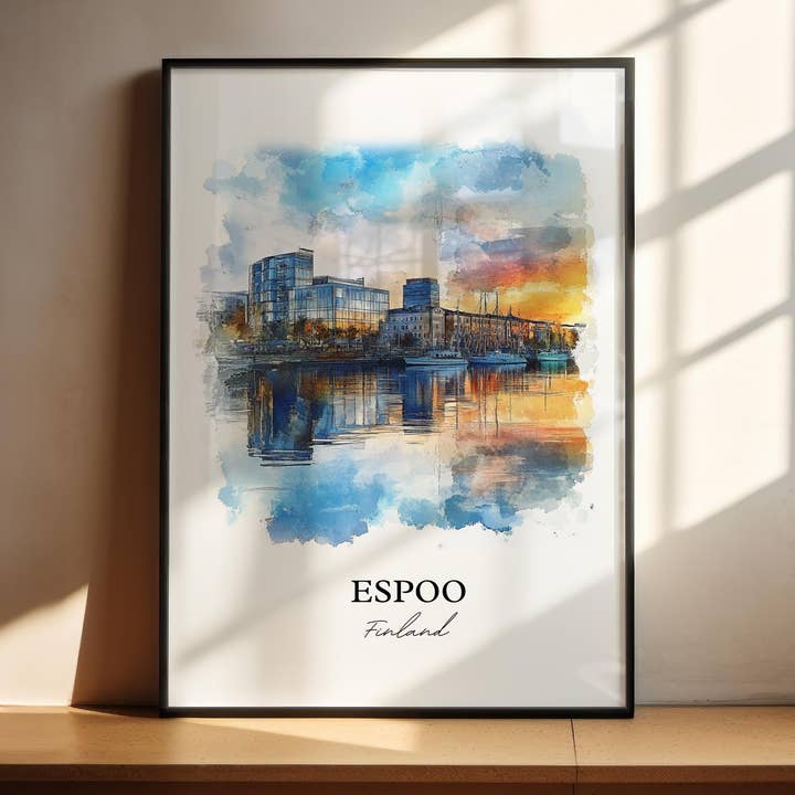 Espoo Vægkunst, Espoo Print, Finland Akvarel Kunst, Espoo Finland Gave, Rejseprint, Rejseplakat, Indflyttergave for engroshandel hos Premium Travel Art