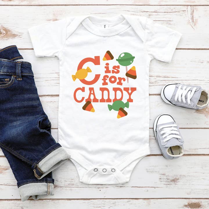 C is for Candy Long & Short Sleeve Baby Bodysuit for wholesale by Itsy Bitsy Bella Co