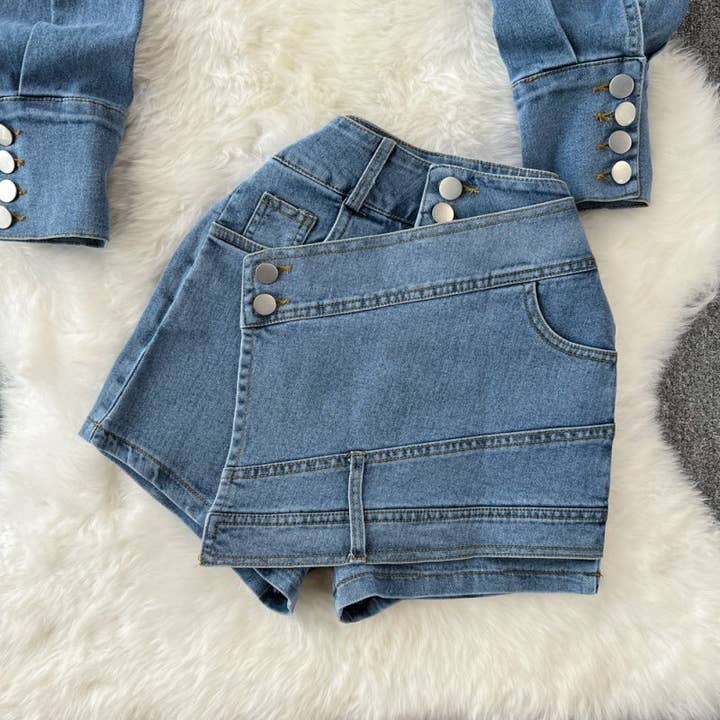 BLUE Cropped Denim Jacket and High-Rise Shorts Set for wholesale on Faire12