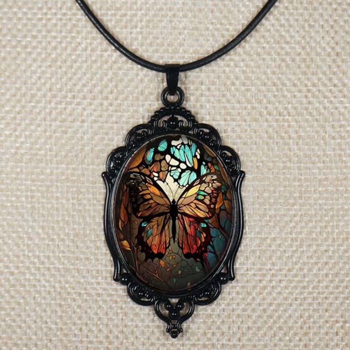 Intricate Highly Detailed Oval 2-D Butterfly Pendant Leather Cord Boho Necklace, Black or Tan Leather, Length Choicesngth Choices, Gift for Her (Copy) for wholesale by Jewelry by Dawn