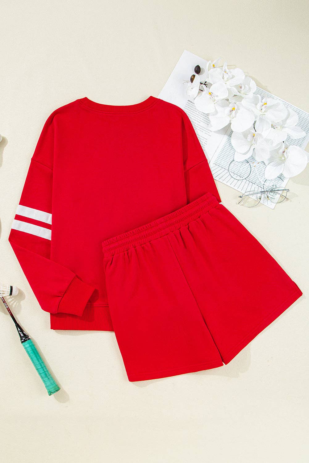 Fiery Red Varsity Striped Sleeve Drop Shoulder Sweatshirt and Short Set for wholesale on Faire3