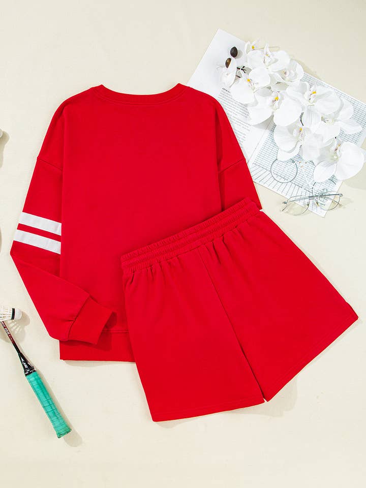 Fiery Red Varsity Striped Sleeve Drop Shoulder Sweatshirt and Short Set for wholesale on Faire3