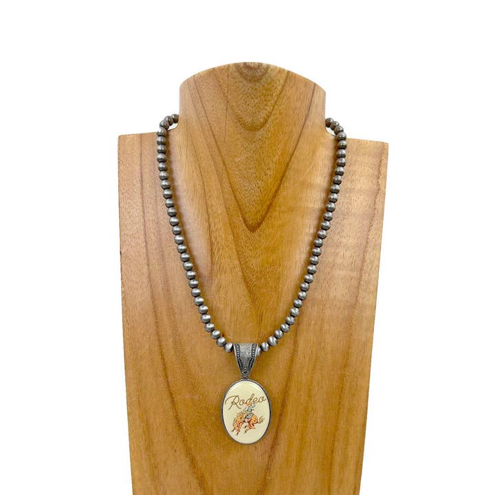 NKZ231209-35 15 inches silver Navajo pearl beads with oval cowboy pendent Necklace for wholesale by Western Elite Jewelry