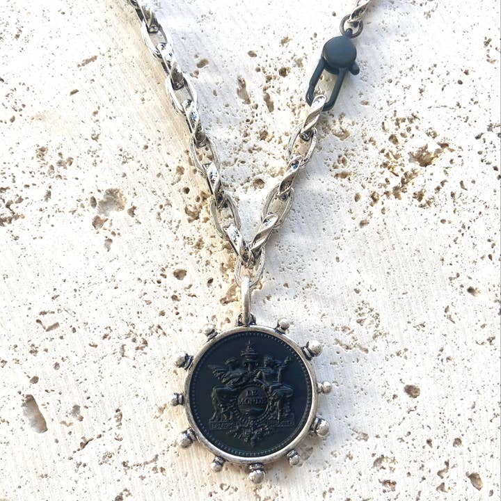 Matte black coin necklace with side clasp for wholesale by VB&CO Designs Handmade Jewelry