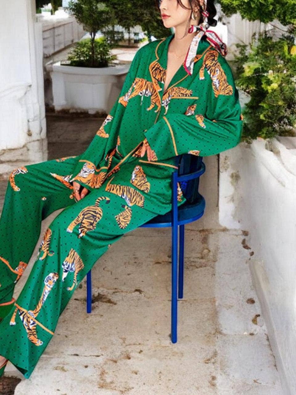 Green Satin Tiger Print Pajama Set for wholesale on Faire1