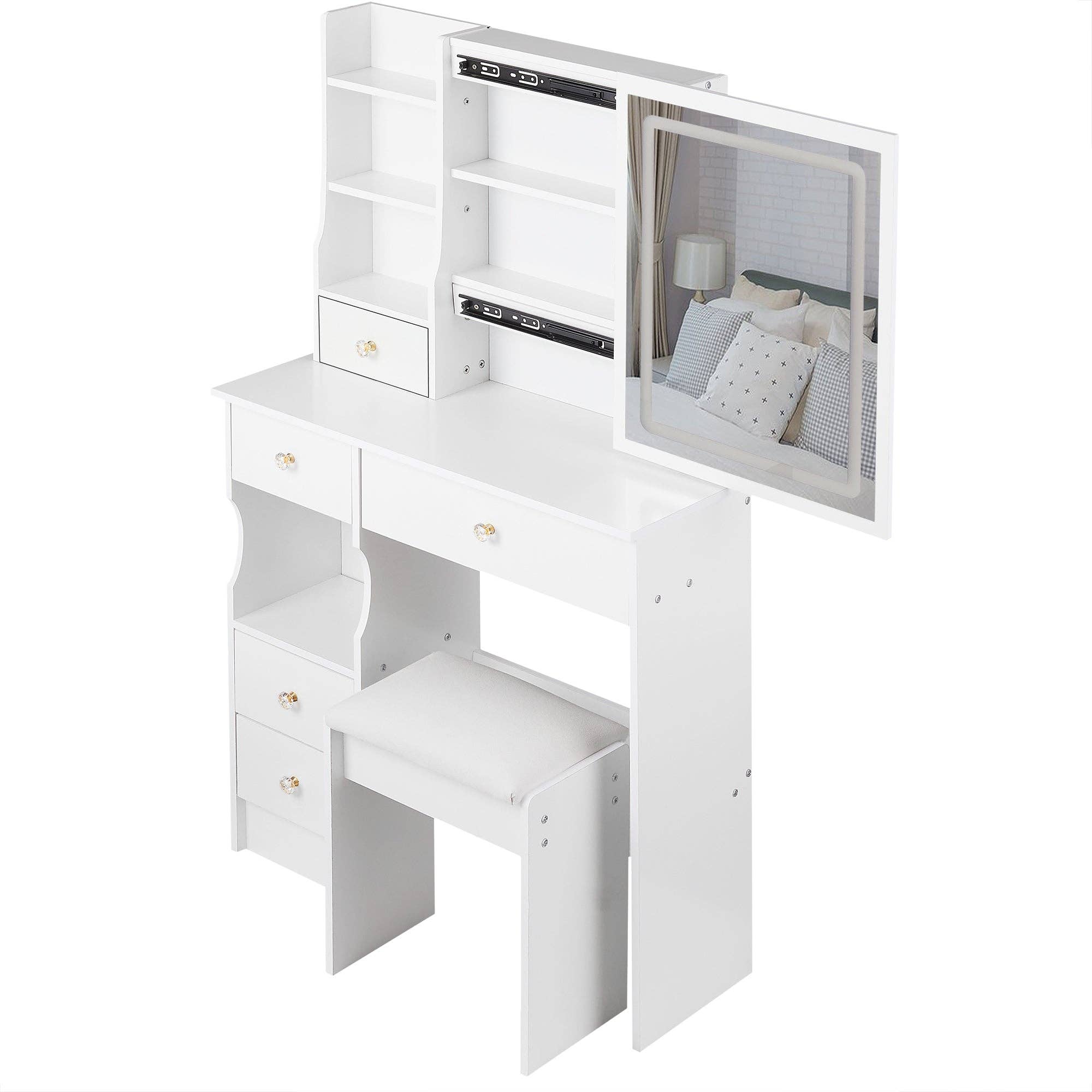 White Small Vanity Dressing Table with Padded Stool & Mirror Light for wholesale on Faire14