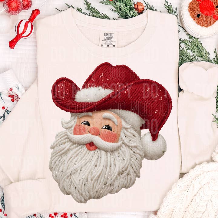 Cowboy Santa Faux Yarn DTF Print for wholesale by 6:19 Creative