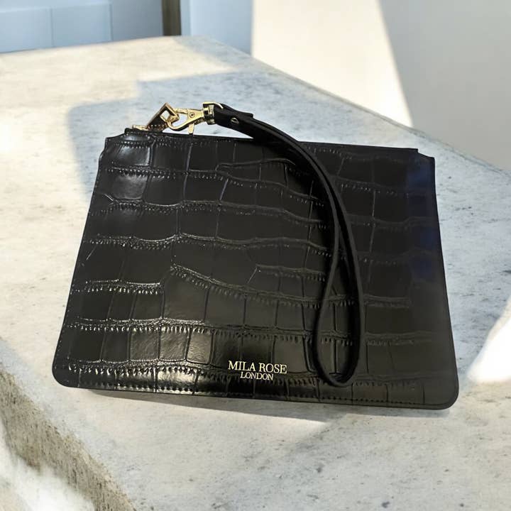 Mila Rose London – Bolsa - Mulher por atacado – Mala Clutch Estampado em Pele Preta & Dourada