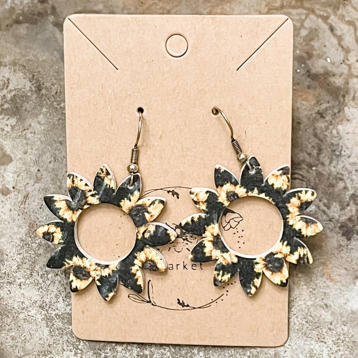 Genuine Leather Sunflower Earrings for wholesale by Bee Marie Market LLC