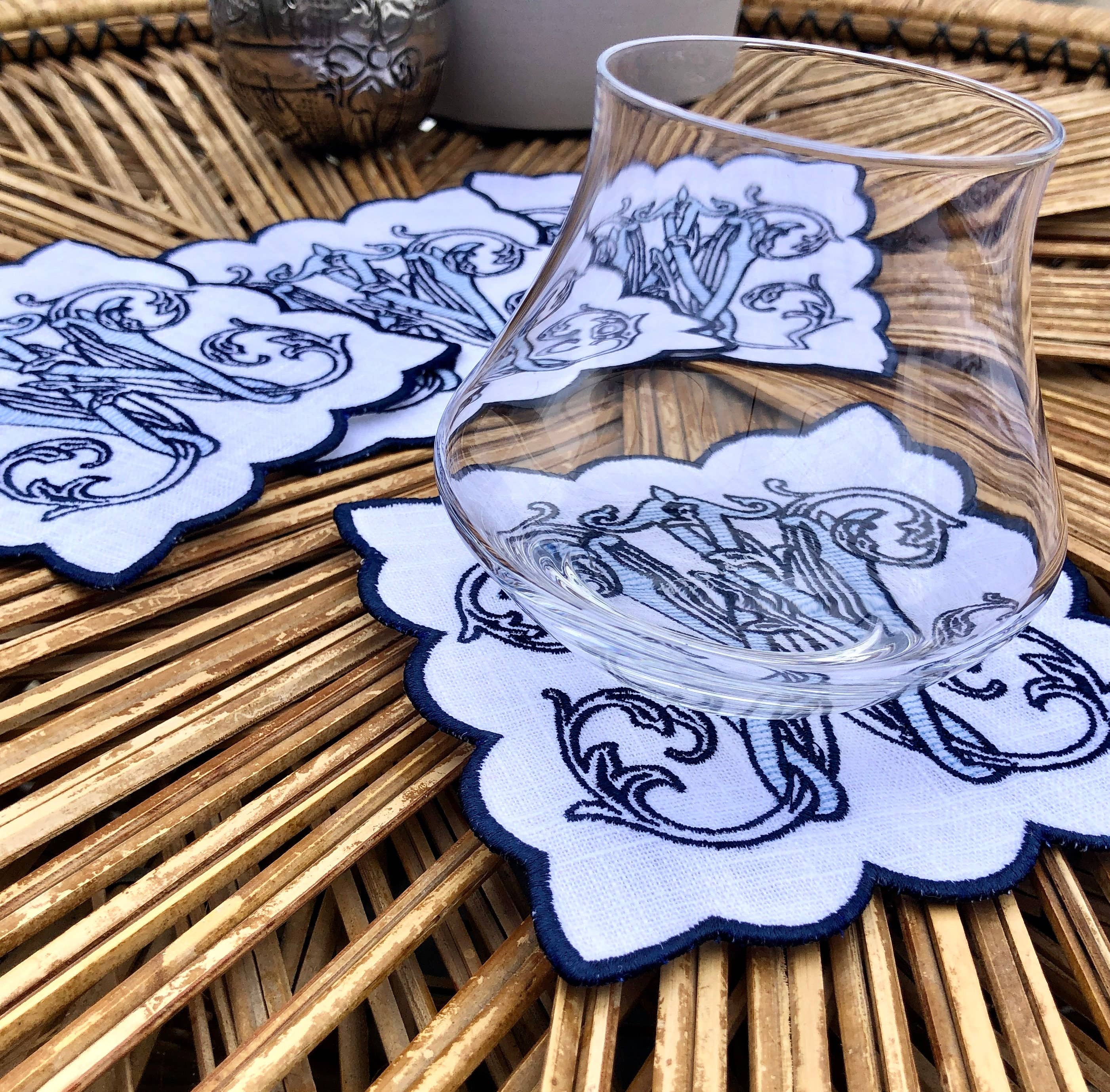 Belle Linen – wholesale Dinner & cloth napkin – Set of 4 Vintage Monogram Scalloped Linen Cocktail Napkins7