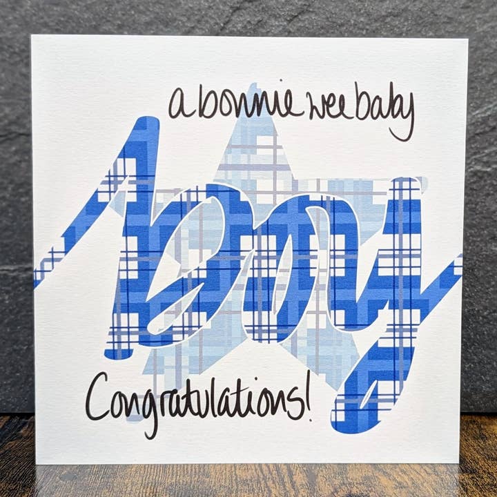 New Baby - Boy Script - Scottish Tartan Card for wholesale by F and B Cards