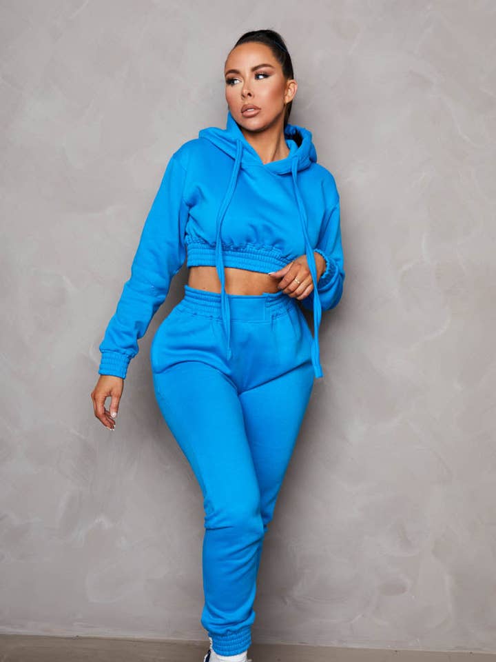 Light Blue Long Sleeve Crop Hoodie High Waisted Joggers Shirred Detail Fleece Loungewear Set - Costella for wholesale by Femme Luxe
