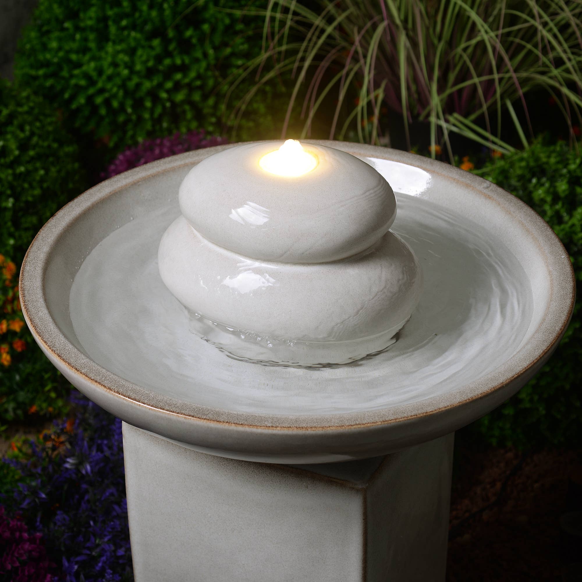 Hi-Line Gift Ltd. - Wholesale Outdoor Ornament/Decor - Ivory Ceramic Fountain with  Warm White LED2