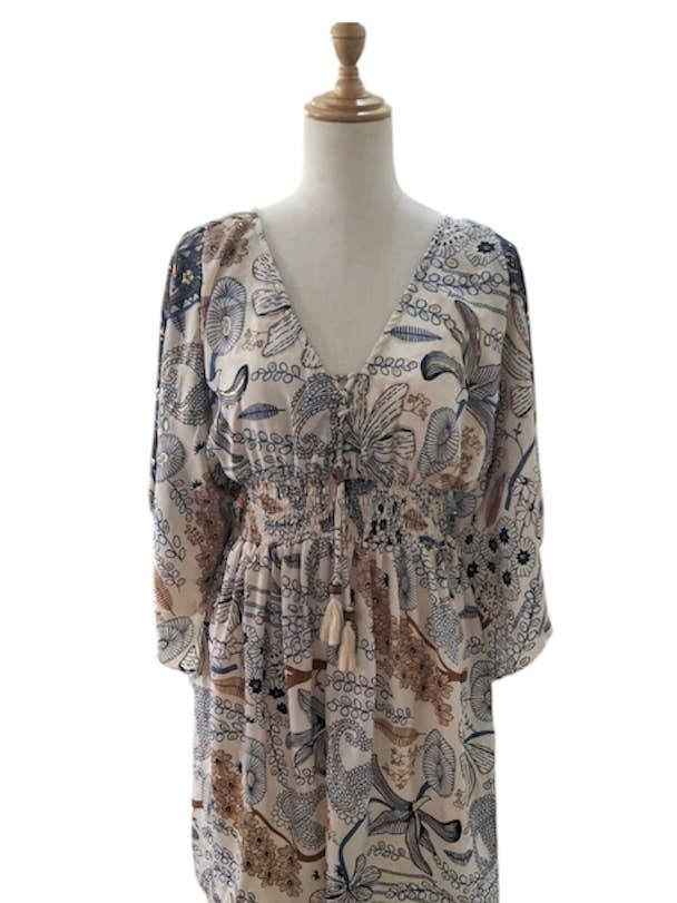 Boho Vintage Patch V neck bell sleeve Grey Paisley Dress for wholesale by Rising International Inc