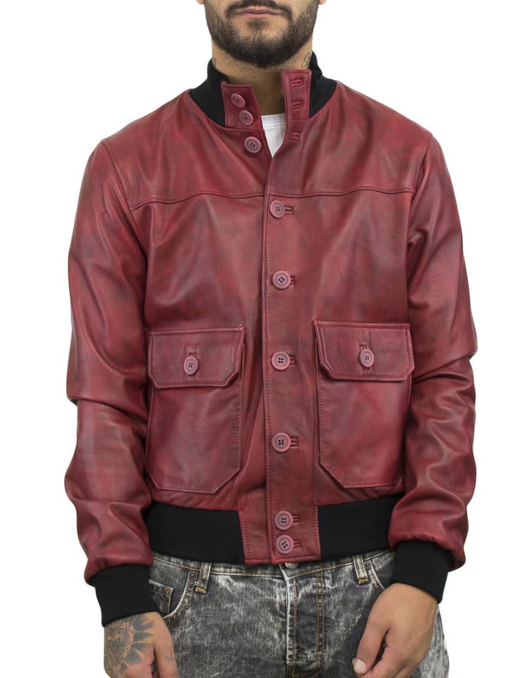 U03 BIS- Blouson aviateur en cuir pour homme avec boutons bordeaux pour la vente par Michelangelo srls
