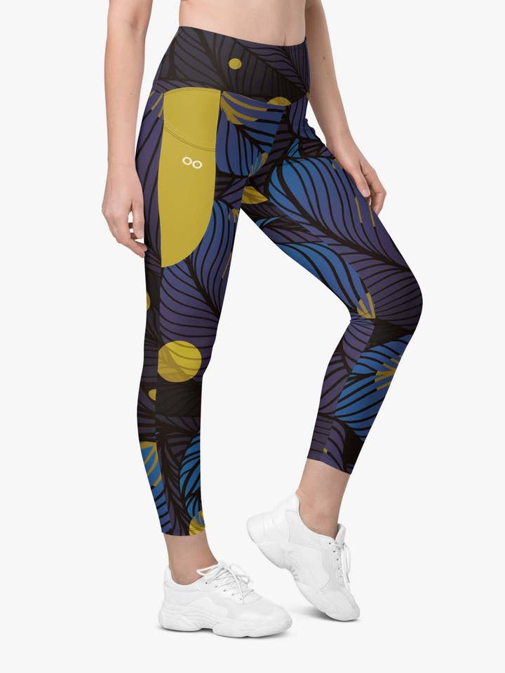 Recycled Floral Leggings "Fireflies" Blue/Yellow with Pockets for wholesale by Loony Legs
