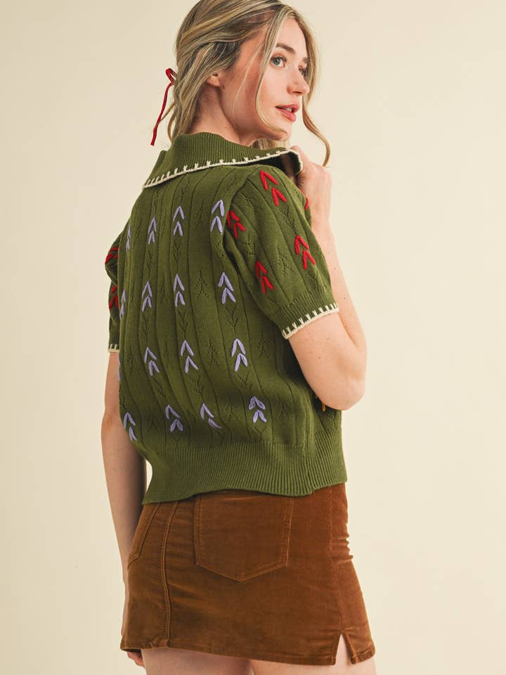 &MERCI - Wholesale Knit Sweater - Women's - HAND EMBROIDERED SHORT SLV BUTTON DOWN SWEATER MSW1095344