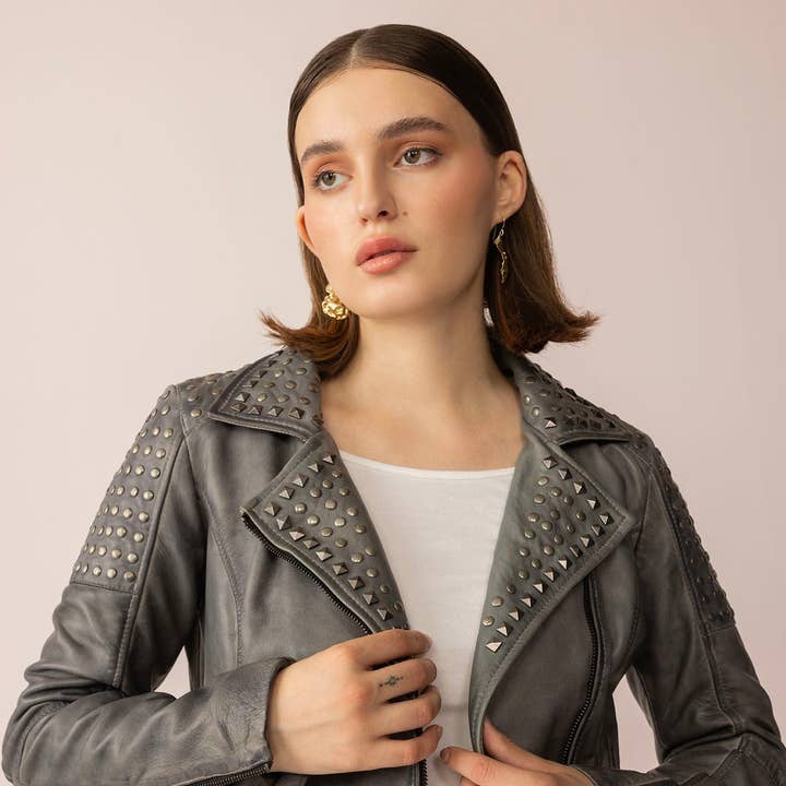 Shadow Storm Leather Jacket in Moon Grey for wholesale by Myra Bag