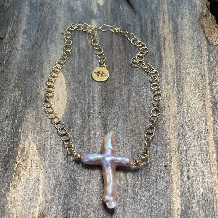 14K GF Pearl Cross Necklace for wholesale by Beshea Beshea