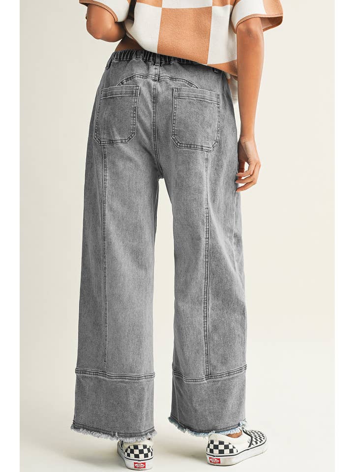 Little Daisy Closet - Wholesale Jeans - Women's - LDC Drawstring Seam Detail Raw Hem Wide Leg Denim Pants7