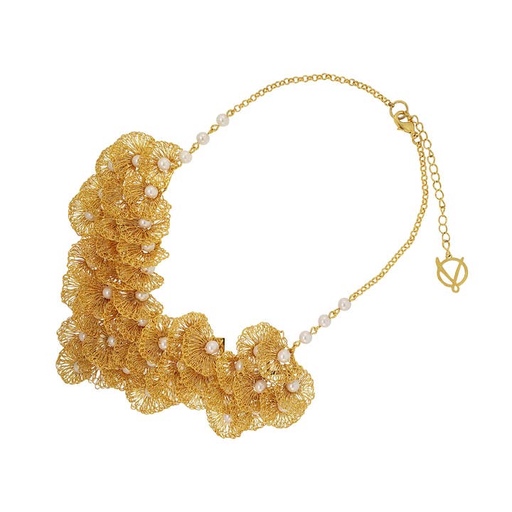 Pearl & Gold Shells Maxi Handmade Crochet Necklace for wholesale by Lavish By Tricia Milaneze