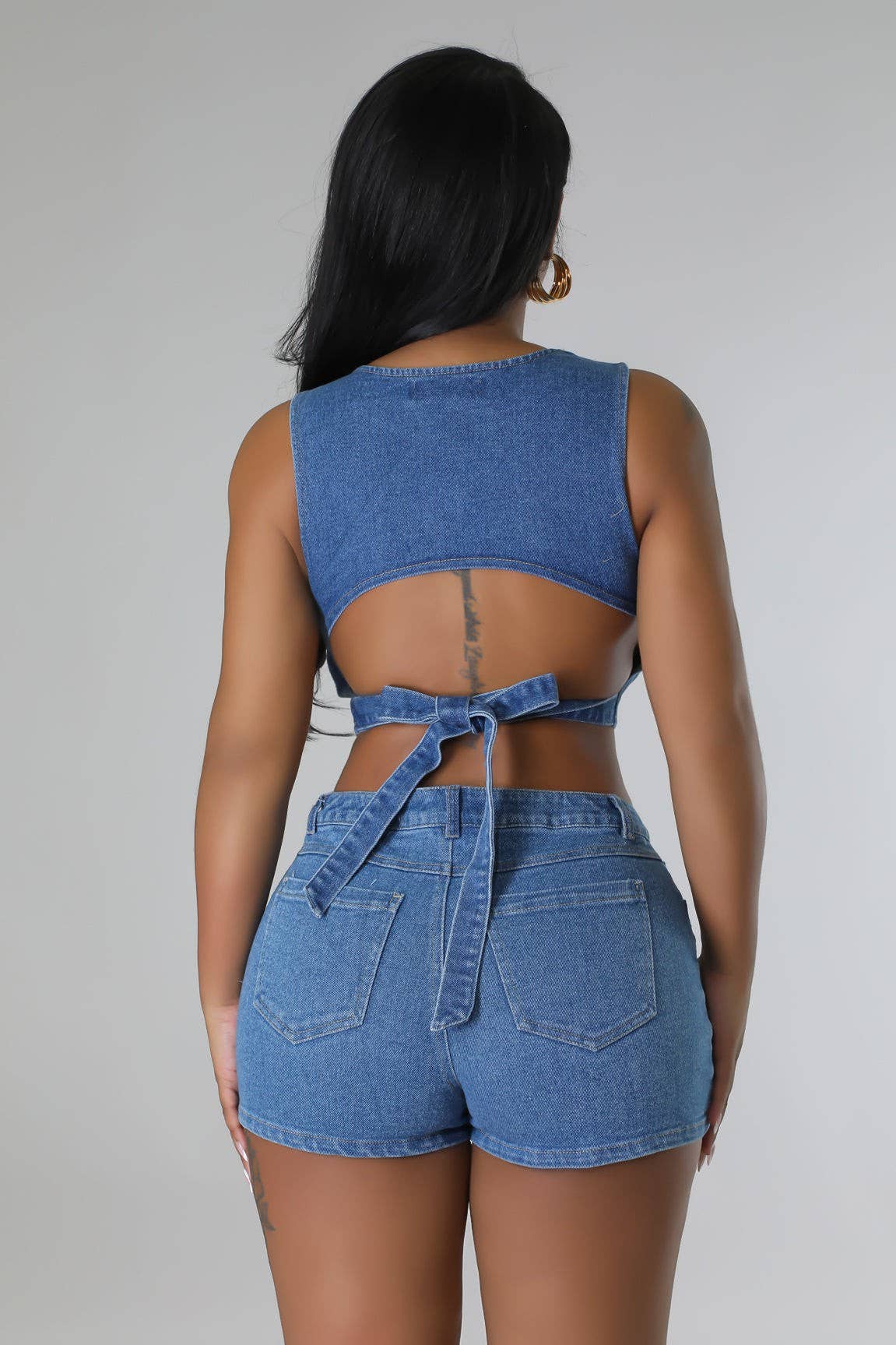 Denim clair Ensemble haut court et short en jean en vente sur Faire11
