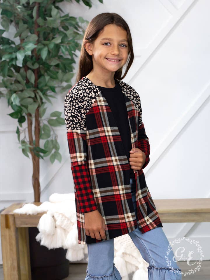 Mix Pattern Girls' Southern Twang Long Sleeve Cardigan, Red Plaid for wholesale on Faire