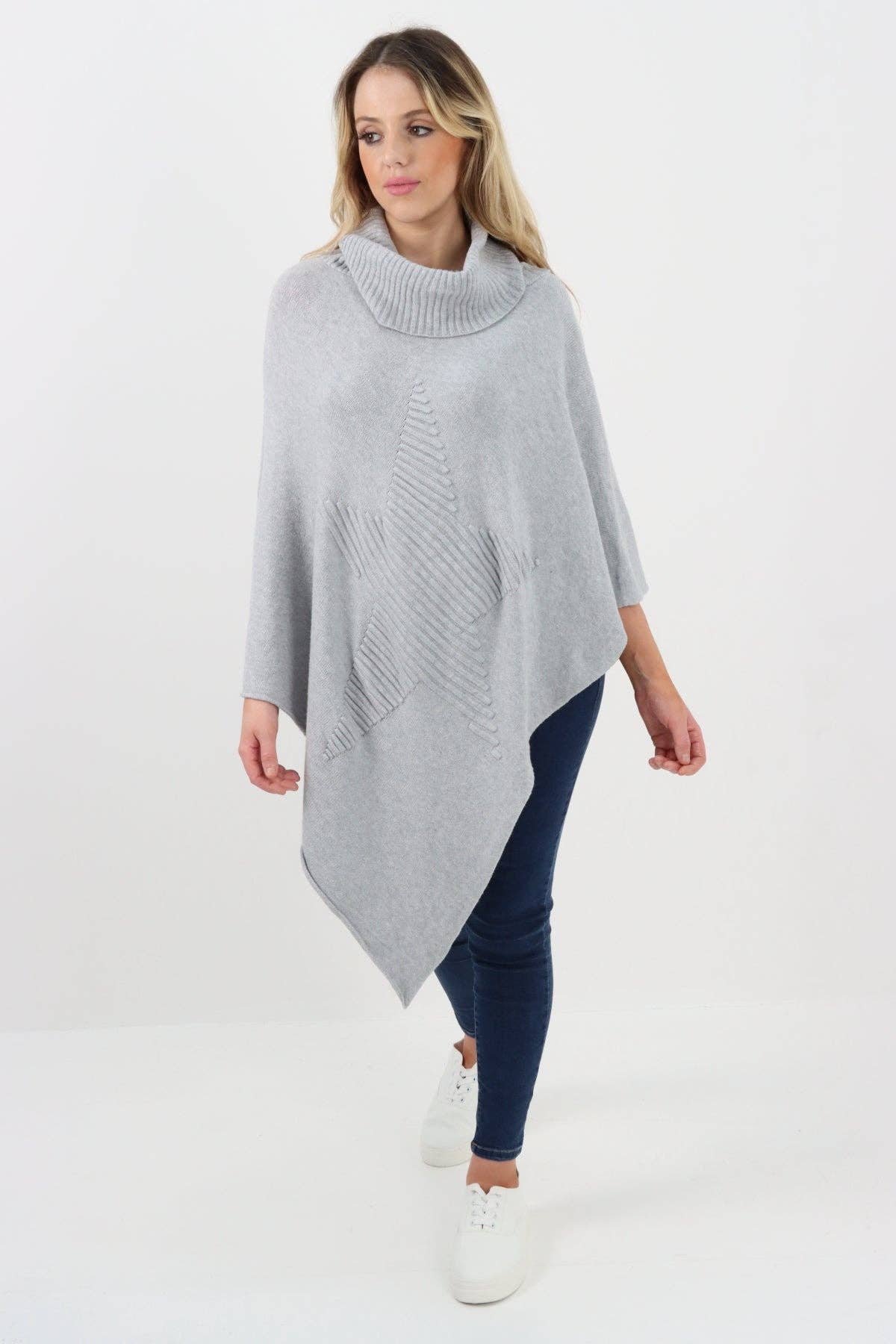 Miss Bold – Engroshandel Poncho - Dame – Italiensk strikket lagenlook poncho med stjernemønster og rullekrave20