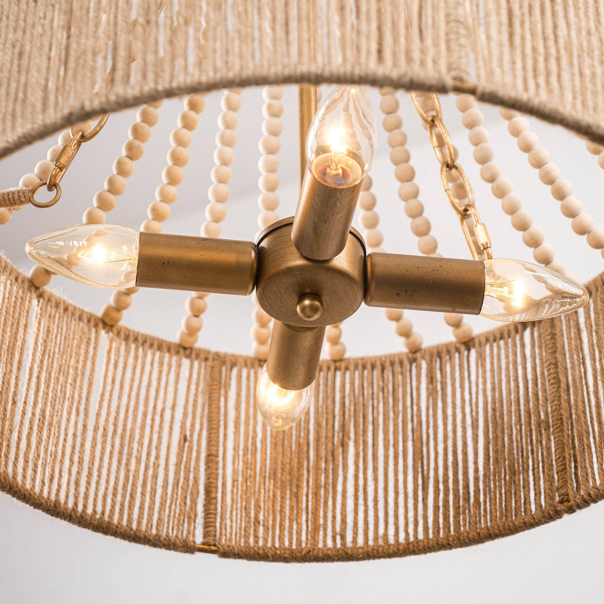 Brio Lighting - Wholesale Chandelier/Hanging Light - Farmhouse Chandelier 4-Light Golden Wood Bead Woven Shade10