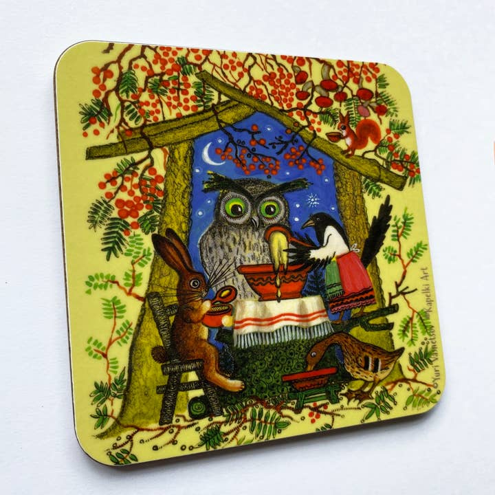 Dessous de verre en liège Chouette et Magpie pour la vente par Kapelki Art