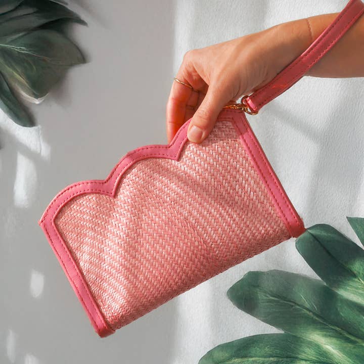 Light Pink Scallop Edge Woven & Leather Wristlet Pouch for wholesale by Soli & Sun