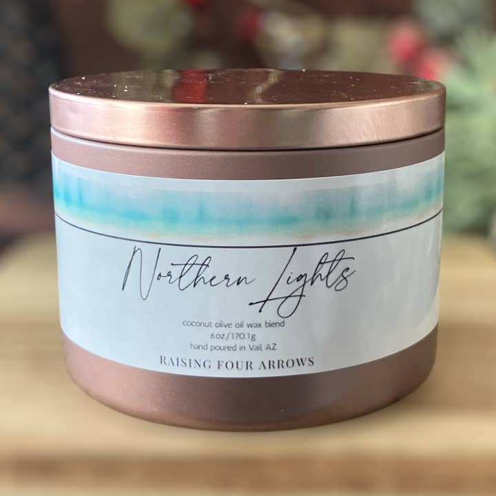 Northern Lights Candle Tin 3oz/6oz for wholesale by Raising Four Arrows