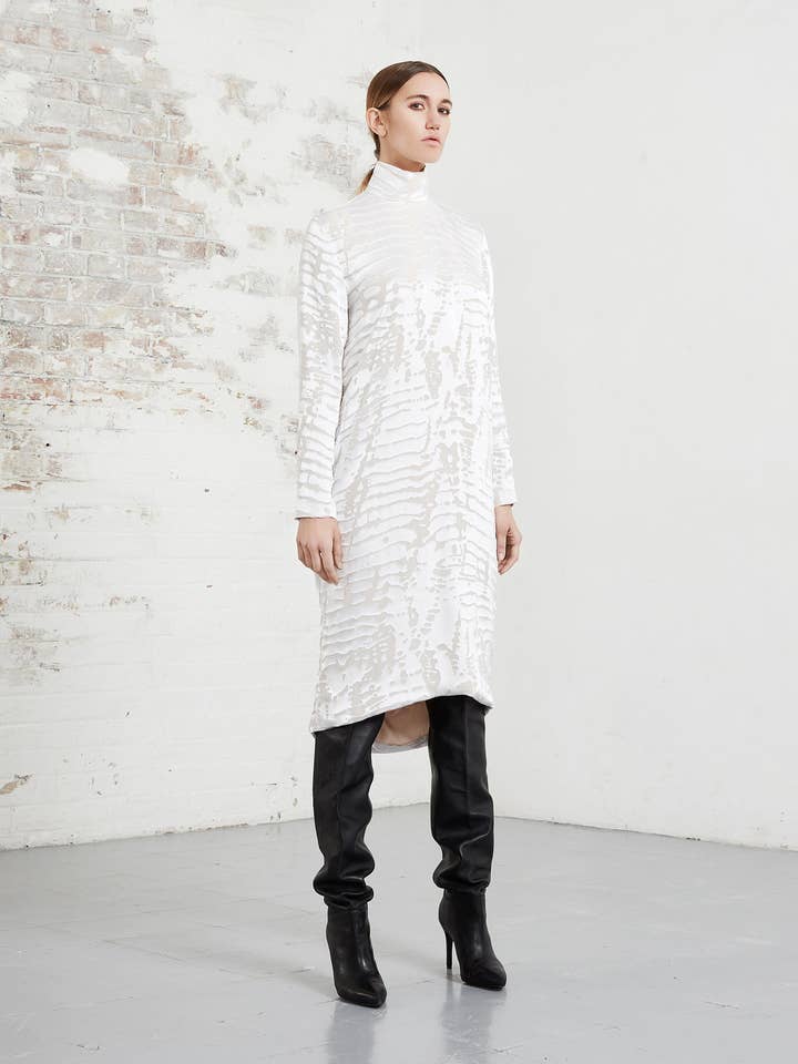 Devoré Turtleneck Bustle Dress for wholesale by Riona Treacy