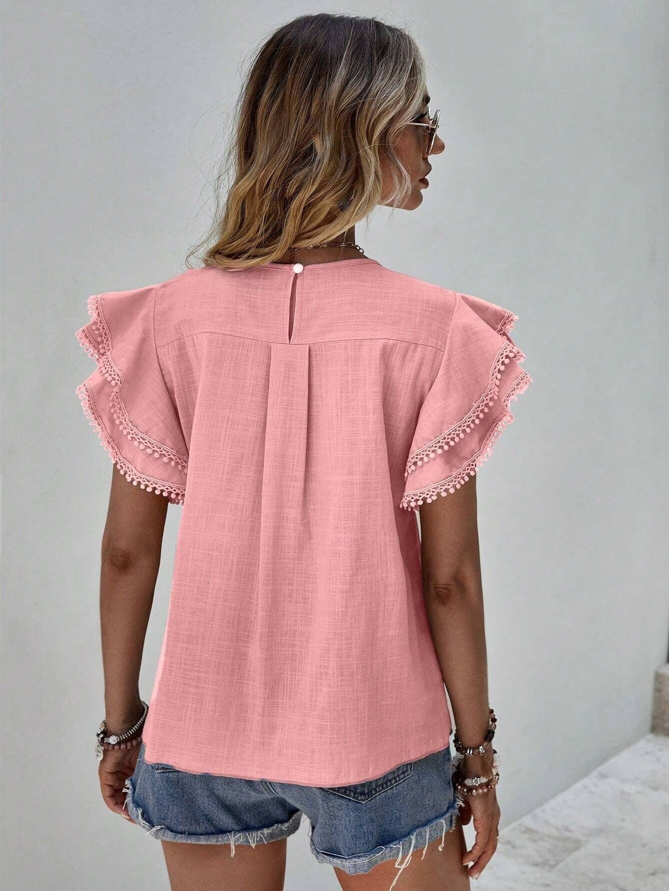 Lovesoft - Wholesale Blouse - Women's - Women's Casual Ruffle Sleeve V-Neck Blouse Soft Cotton Pom Pom Trim Short Sleeve Top10