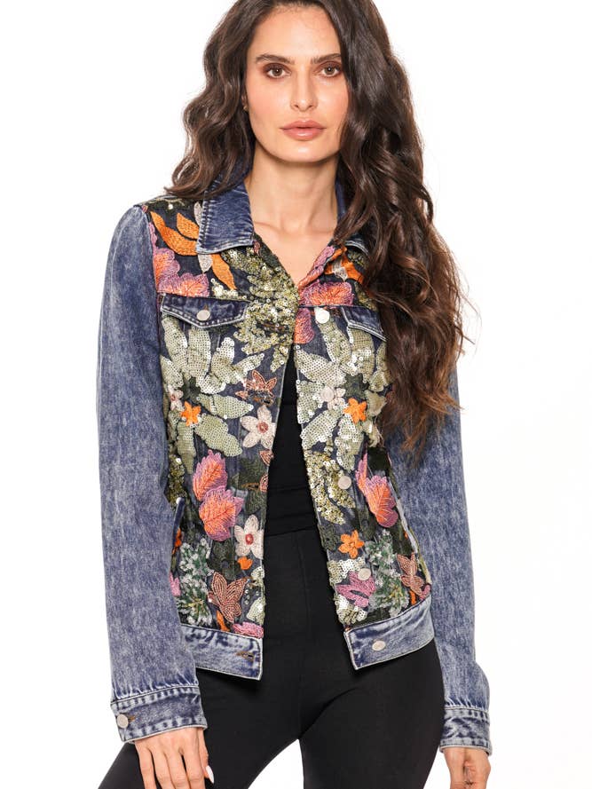 BS2551 DENIM JACKET WITH SEQUENCE EMBROIDERY for wholesale by Adore