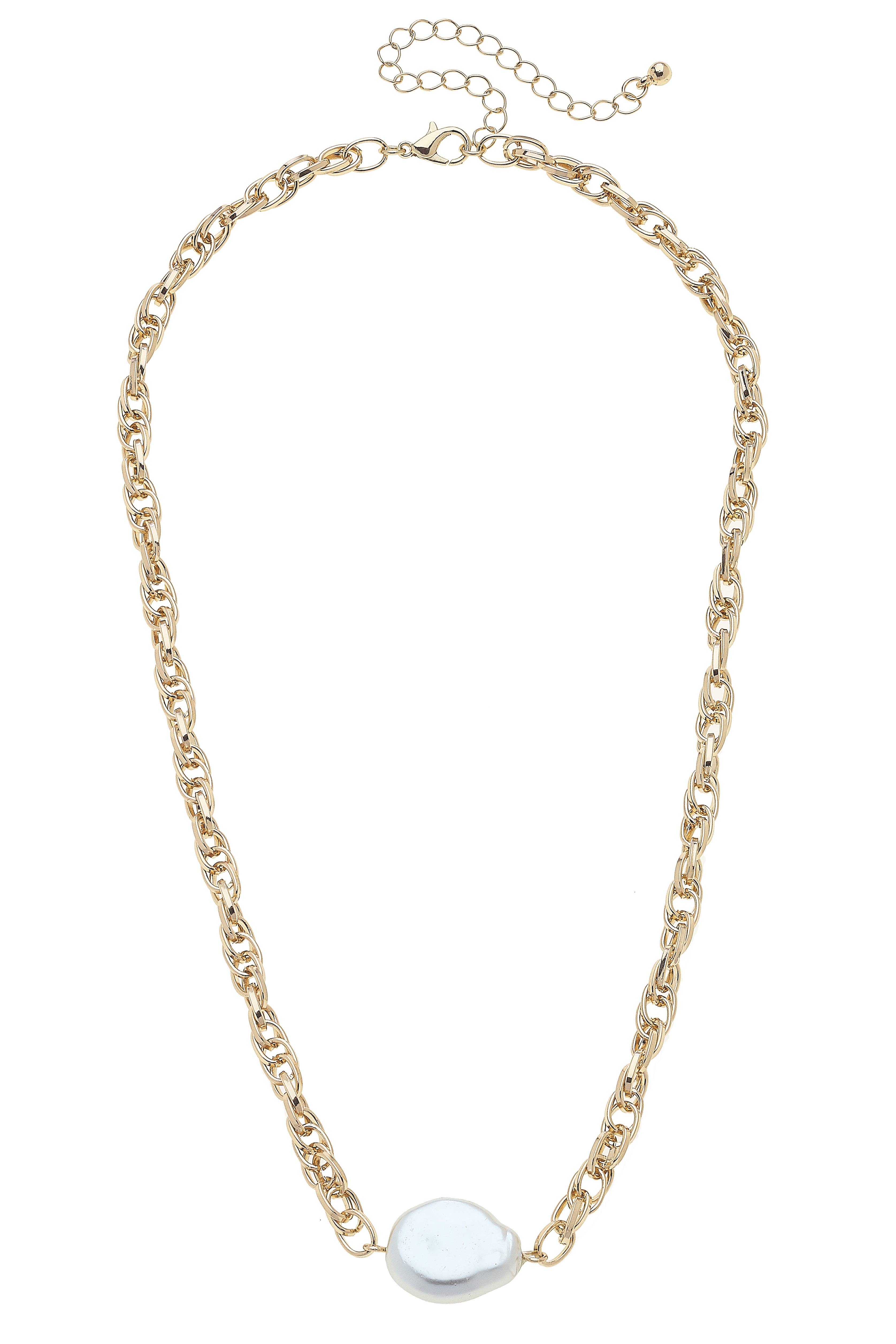 Canvas Style - Wholesale Link & Chain Necklace - Violetta Baroque Pearl Chain Necklace in Shiny Gold0