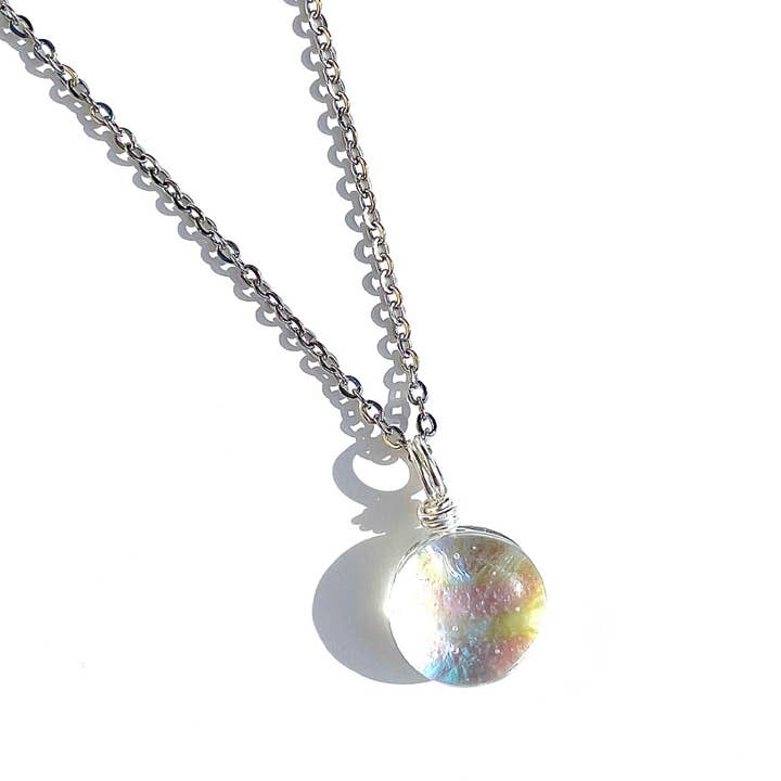 Round Dichroic Glass Pendant - Rainbow Clear for wholesale by Flame Work Designs - Glass Jewelry