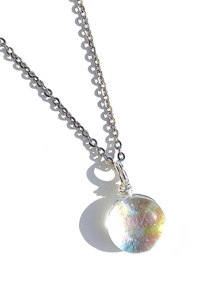 Round Dichroic Glass Pendant - Rainbow Clear for wholesale by Flame Work Designs - Glass Jewelry