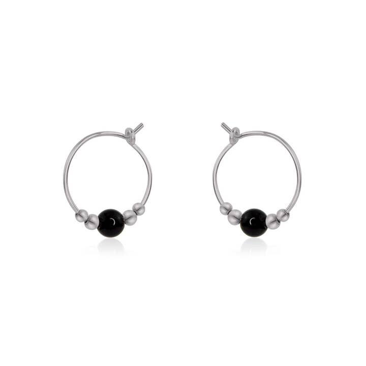 Luna Tide - Wholesale Hoop Earrings - Tiny Black Tourmaline Bead Hoop Earrings2