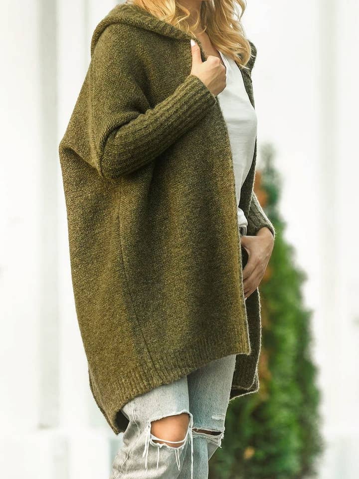 Rosa Clothing - Wholesale Cardigan - Women's - Plain exposed seam Hooded knit long cardigan coat12